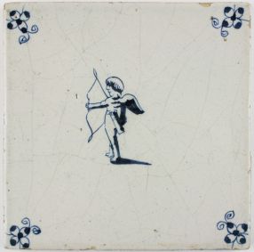 Antique Delft tile with Cupid about to shoot his bow, 17th century
