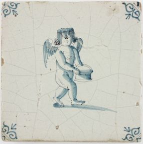 Antique Dutch Delft tile with Cupid carrying a basket, 17th century