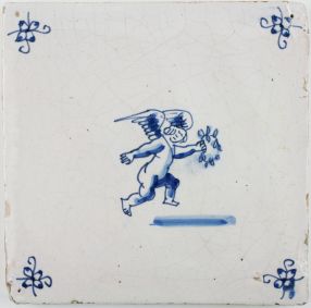Antique Dutch Delft tile with Cupid in flight while holding a laurel wreath, 17th century