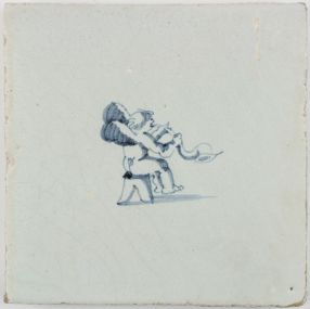 Antique Delft tile in blue with Cupid playing the horn, 17th century