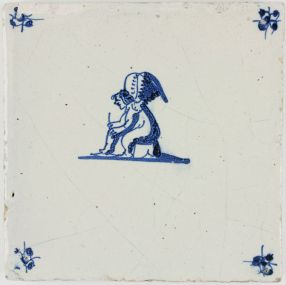 Antique Delft tile with Cupid sitting on a bench, 17th century