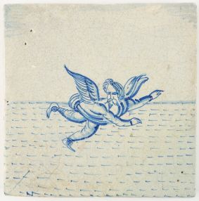 Antique Delft tile depicting Daedalus flying above the Aegean Sea, 17th century Rotterdam