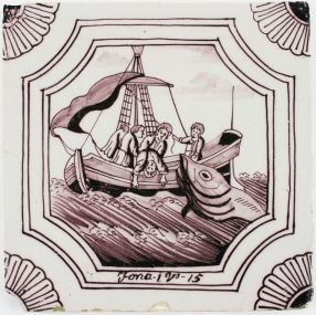 Antique Dutch Delft tile depicting Jonah being thrown overboard, 19th century
