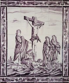 Antique Dutch tile mural with the crucifixion of Jesus, 18th century 