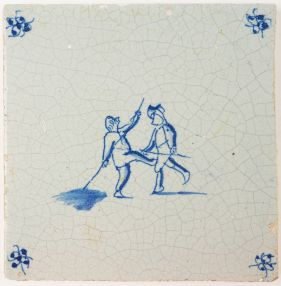 Antique Delft tile with two men using a pole to jump across a canal, 18th century