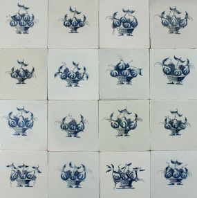 Antique Dutch Delft wall tiles with Fruit baskets in blue, original 17th century