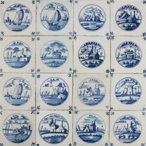 Antique Dutch Delft wall tiles in blue with landscapes in a circle, 18th and 19th century