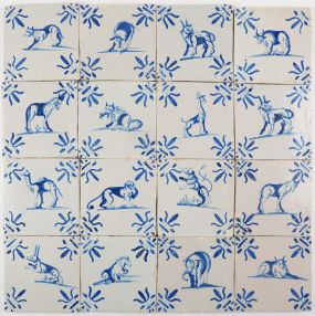 Antique Delft wall tiles with animals in blue and lily corner motifs, first half 17th century
