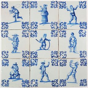 Set of 9 antique Delft wall tiles in blue depicting well-painted figures doing all kind of activities, 17th century