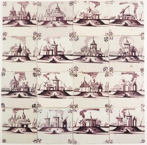 Antique Dutch Delft landscape wall tiles in manganese with typical Dutch scenes, 19th century
