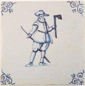 Antique Delft tile depicting a carpenter with an axe, 17th century