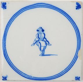 Antique Delft tile in blue depicting a game of leapfrog, 17th century