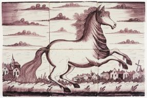 Antique Delft tile mural in manganese with a galloping horse, 19th century Royal Tichelaar