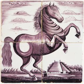 Antique Delft tile mural in manganese with a prancing horse, 19th century