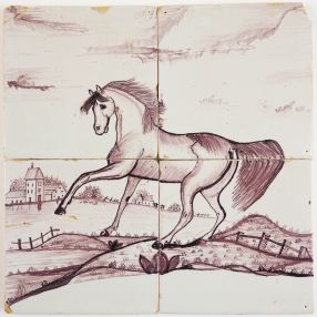 Antique Delft tile mural in manganese with a prancing horse in a Dutch landscape, late 18th/early 19th century