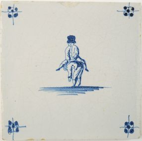 Antique Delft tile depicting two children playing a game of leapfrog, 18th century