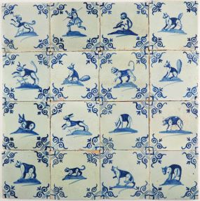 Antique Dutch Delft wall tiles with animals in blue, 17th century