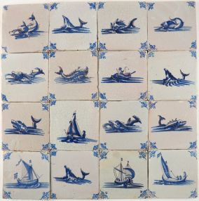 Antique Dutch wall tiles with ships and boats (nautical), original 17th century