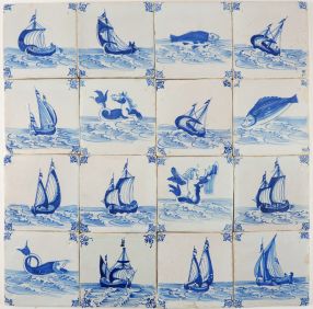 Antique Dutch Delft wall tiles with fish and other sea creatures, 17th century