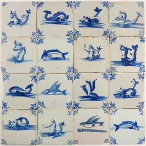 Antique Dutch wall tiles with Sea Creatures, Monsters and Mermaids in blue, original 17th century