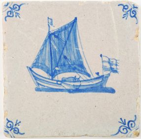 Antique Delft tile in blue with a sailing boat and a cow, 17th century
