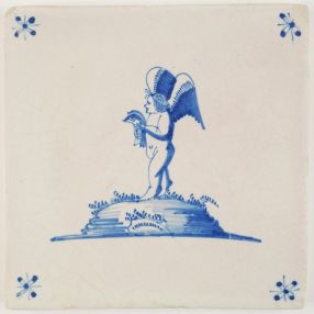 Antique Delft tile with Cupid reading the paper or singing a psalm, 17th century Harlingen