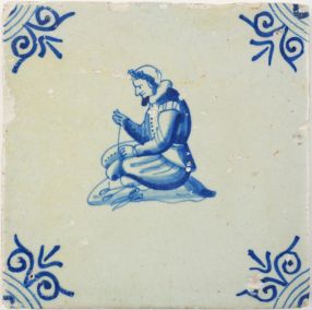 Antique Delft tile in blue with a tailor, 17th century