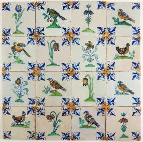 Extraordinary field of original polychrome antique Dutch Delft tiles with birds and flowers, 17th century