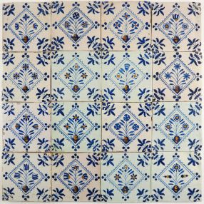 Antique Delft wall tiles with flowers in a diamond square, original 17th century