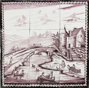 Antique Dutch tile mural with a canal and a village, 18th - 19th century