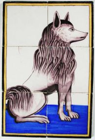 Antique Dutch tile mural depicting a 'keeshond' or 'barge dog