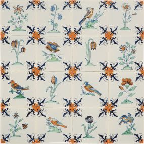 Hand-painted Delft tiles with Birds & Flowers - Poarte P-19 series / 1-16 tiles