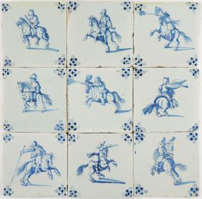 Set of nine antique Delft wall tiles in blue with horsemen in battle, 17th century