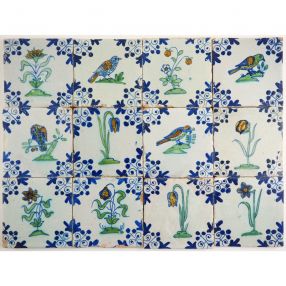 Set of 12 antique Delft wall tiles with polychrome birds and flowers, 17th century