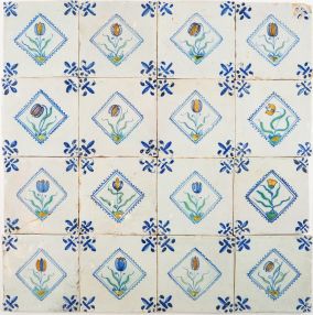 Set of sixteen antique Delft tile with polychrome flowers in diamond squares, 17th century