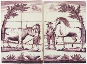 Pair of Delft tile murals with a horse and cow, 19th century