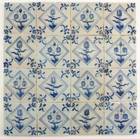 Antique Delft wall tiles with flowers in blue, 17th century