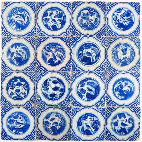 Set of 16 antique Delft tiles with Chinese Gardens, 17th century