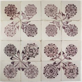 Antique Delft tiles with roses in manganese, 18th and 19th century