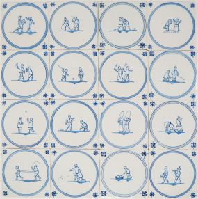 Antique Delft wall tiles in blue with many different child's play scenes, 19th/20th century