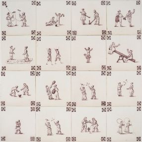 Antique Delft wall tiles in manganese with many different child's play scenes, 19th century