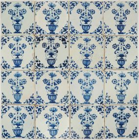 Antique Delft wall tiles with flower pots in blue, 17th century