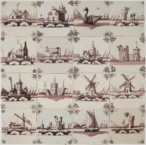 Antique Delft wall tiles depitcing landscapes, ducks and insects in manganese, 18th - 19th century