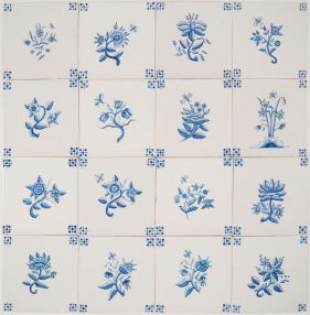 Antique Dutch Delft wall tiles with small flowers in blue, 19th century