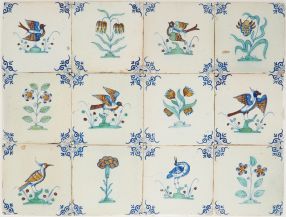 Set of twelve antique Delft wall tiles in polychrome with birds and flowers, 17th century