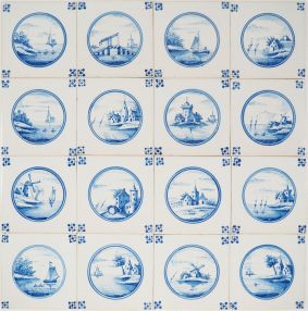 Antique Dutch Delft wall tiles in blue with landscapes in a circle, 19th century