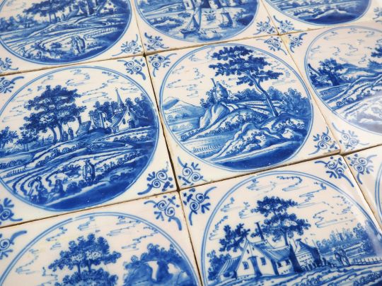 Set of nine antique Delft tiles in blue with very detailed