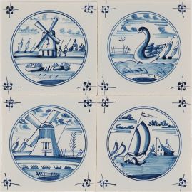 Hand-painted Delft tiles with landscapes in blue - Poarte P-11 series / 4 tiles