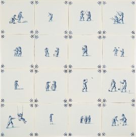 Hand-painted Delft tiles with child's play scenes in blue - Poarte P-15 series / 1-16 tiles