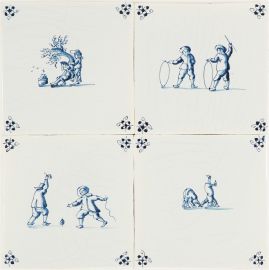 Hand-painted Delft tiles with child's play scenes in blue - Poarte P-15 series / 4 tiles